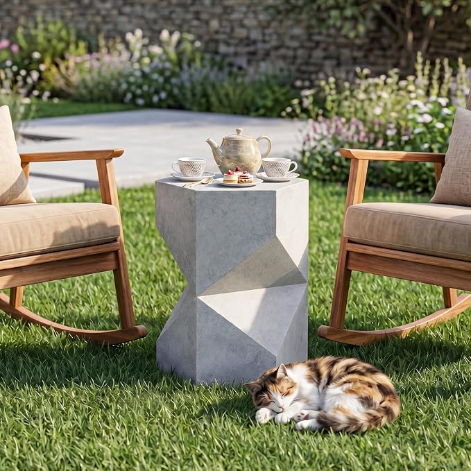 COSIEST MgO Concrete Side Table, 18 Inch Hexagonal Geometric Outdoor End Accent Table, All-Weather Patio Garden Stool, Modern Plant Stand & Coffee Table for Balcony Backyard, Gray, 1 Pack