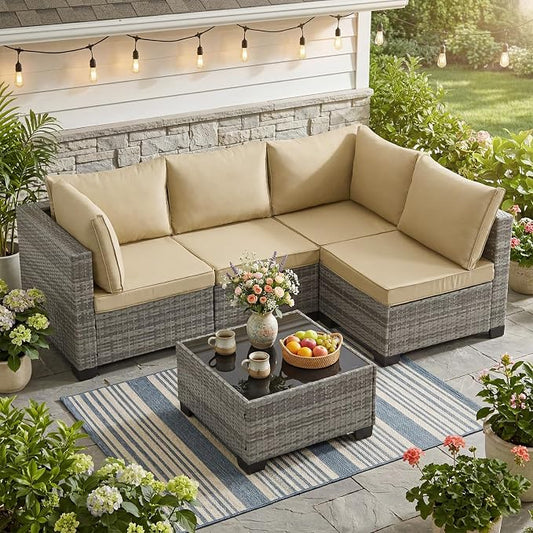 ANJ 5 Piece Outdoor Wicker Patio Furniture Set, Modular Loveseat Sofa with with Glass Top Coffee Table, All-Weather Rattan Conversation Couch Set for Balcony, Backyard, Light Grey Wicker-Camel