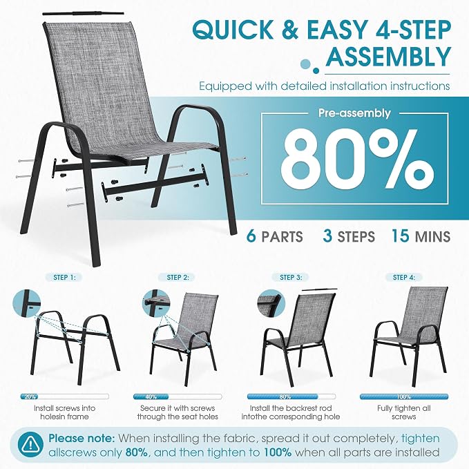 24.4" Wide Outdoor Stackable Chairs Set of 8, Stacking Patio Chairs with Textilene Fabric, Outside Furniture for Garden Backyard Balconie Poolside Deck, Grey
