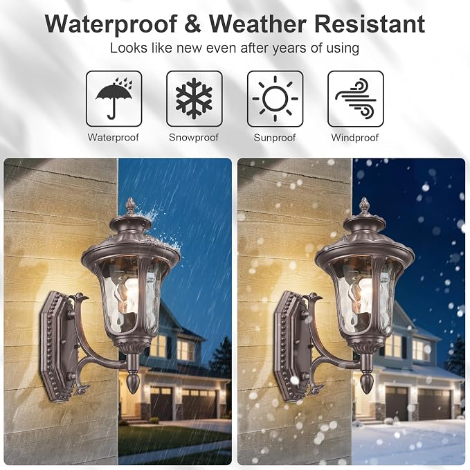 Outdoor Light Fixtures Wall Mount, Waterproof Exterior Wall Lanterns with Waer Ripple Glass, Outside Sconces, Front Porch Lights for House Garage Doorway Patio, 15'' Small Oil-Rubbed Bronze