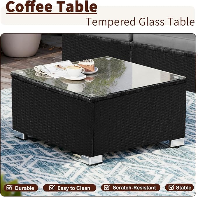 7 Pieces Black Patio Furniture Set - All-Weather Outdoor Sectional Wicker Conversation Sofa, Rattan Patio Seating Sofa Set with Grey Cushions and Glass Table for Porch Poolside, Spring 2026