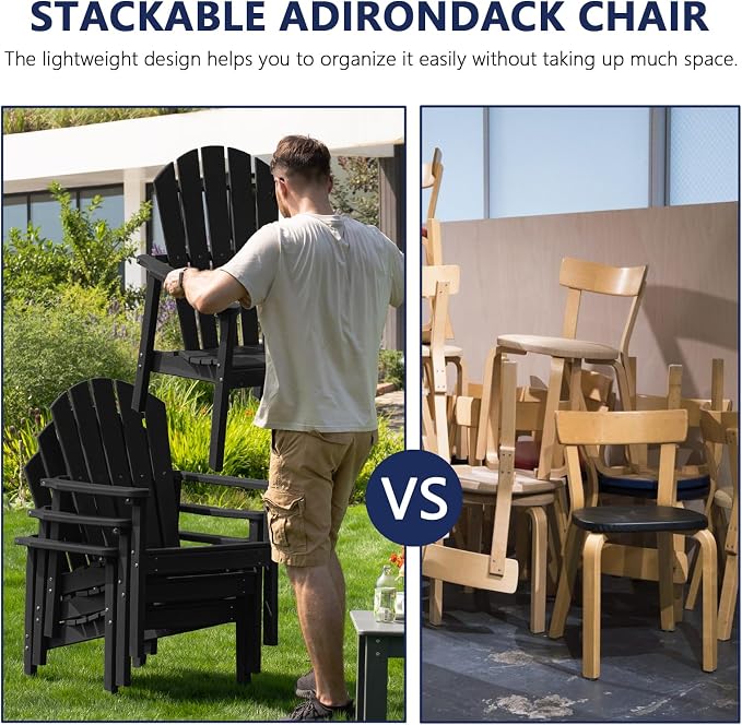 nevilywood Compact Stackable Adirondack Chairs Set of 4,HDPE,380lbs,Black | 26.3" Wide HDPE.All-Weather Outdoor.Maintenance-Free.Stackable for Storage.25°Curved Straight Backrest.Quick Assembly