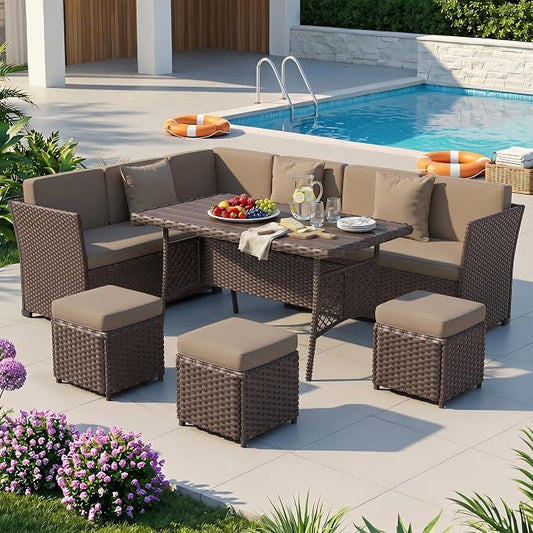 Patio Furniture Set, 7 Pieces Outdoor Dining Sets, All Weather Rattan Conversation Set, Outdoor Dining Sectional Sofa with Large Dining Table, Ottoman (Brown-Camel, A-7 Pieces)