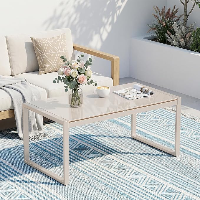 ONBRILL Rectangle Coffee Table with Tempered Glass Desktop, Galvanized Frame Outdoor Coffee Table with Adjustable Feet for Patio, Balcony, Deck, Living Room, Sand