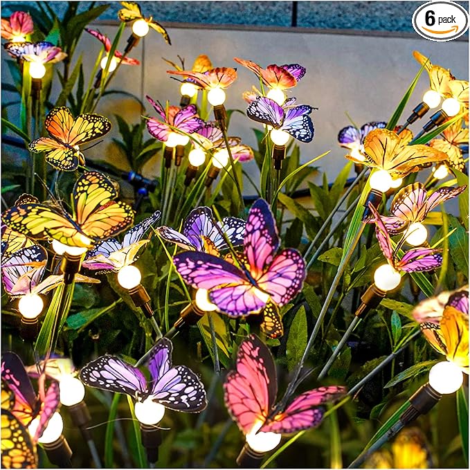 TONULAX Solar Garden Lights - 6 Pack Swaying Butterfly Light, Swaying in The Wind, Solar Outdoor Lights, Yard Patio Pathway Decoration, High Flexibility Iron Wire & Realistic Butterflies
