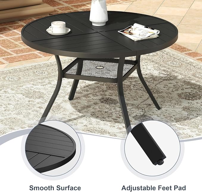 VICLLAX 7 Pieces Patio Outdoor Dining Set, 47.2" Round Metal Table with Umbrella Hole and Storage Shelf, 6 Stackable Textilene Chairs for Patio, Lawn, Garden, Porch, Black/Dark Blue