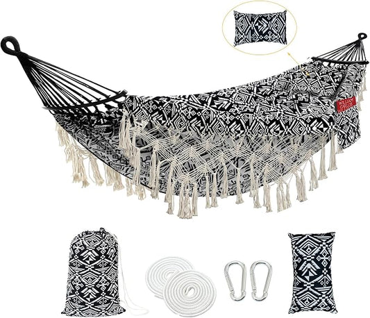 2 Person Hammock with Pillow,Indoor Hammocks with Portable Carry Bag Deluxe Macrame Fringe,Curved Spreader Bar,Side Pocket,Polycotton Fabric,Up to 450Lbs for Patio,Porch,Backyard,Beach,Outdoor