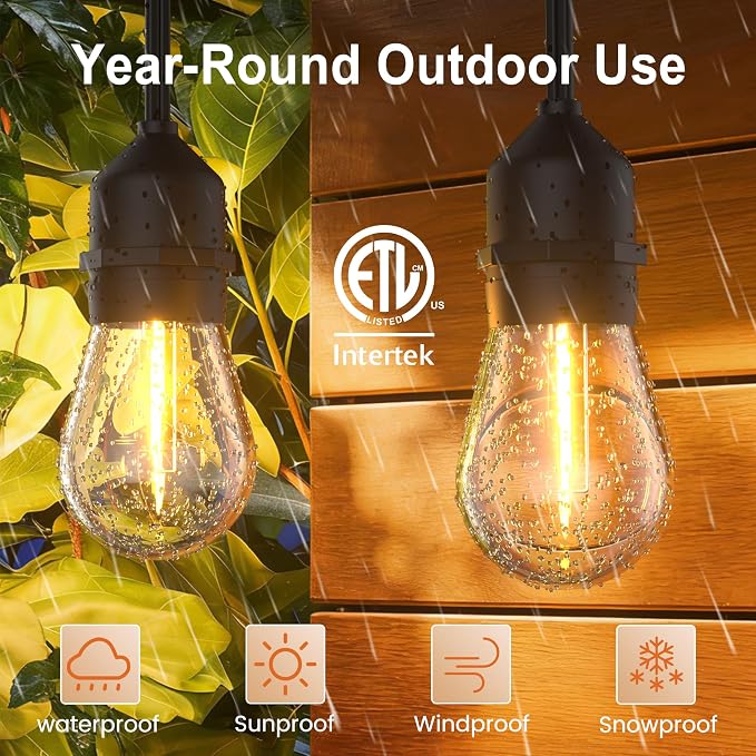 Outdoor String Lights 100FT 64+4 Bulbs(1.5 FT Apart) Remote Patio Lighting | Waterproof IP65 Linkable Outside Lights with Remote Timer&3 Modes for Commercial Backyard Bistro Garden Market Porch Balcony