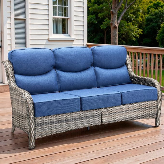 71'' Patio Couch Outdoor Wicker Sofa, Heavy Duty All-Weather Rattan 3-Seater Sofa with Deep Seating and Removable Cover, Outdoor Patio Furniture for Deck Porch Sunroom Backyard Grey/Blue