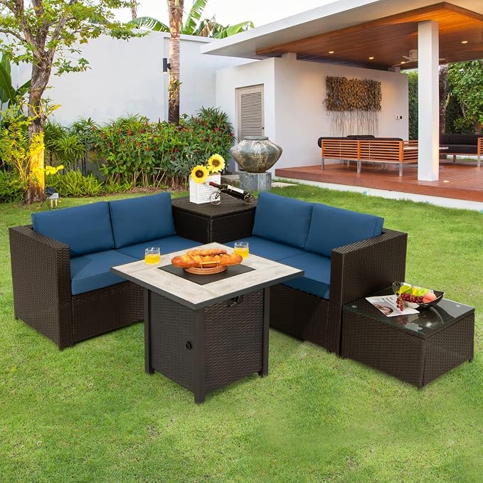 COSTWAY 5 Piece Patio Furniture Set with 30'' Fire Pit Table, Outdoor Wicker Rattan Loveseat Sofa with 4'' Thickened Cushions, 2 Side Tables, Sectional Conversation Set for Backyard (Navy)