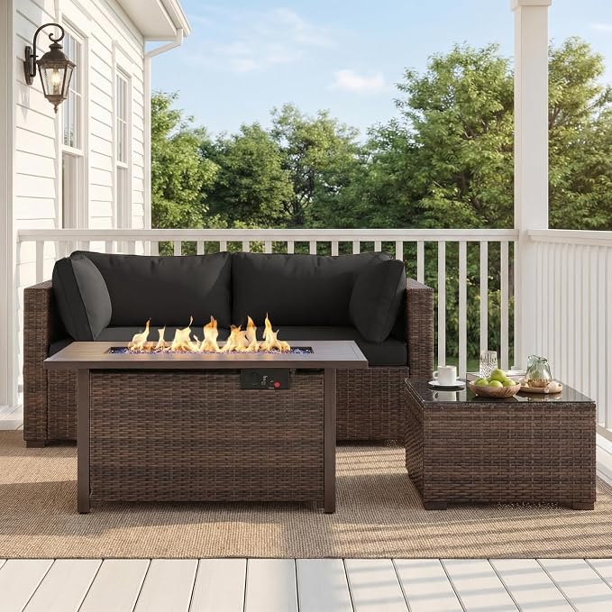 4 Pieces Patio Furniture Set with Fire Pit and Glass Table, Outdoor PE Rattan Sectional Sofa with Soft Cushions for Backyard, Porch, and Poolside (Black, 4 PCS w/Table/Firepit)