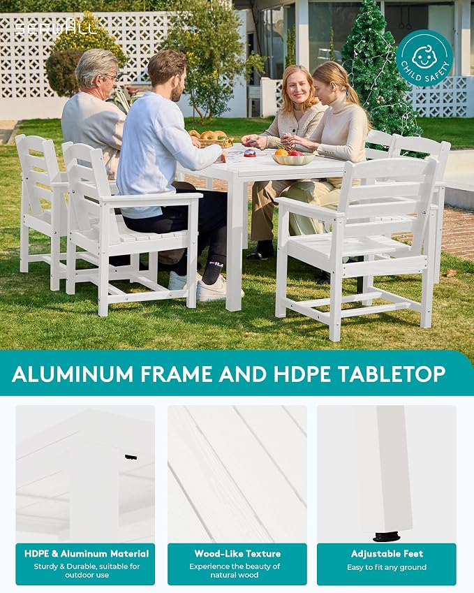 SERWALL HDPE and Aluminum Outdoor Dining Set for 8, White | 60" - 83" Expandable Outdoor Dining Table and 8 HDPE Chairs, All Weather Outdoor Furniture Set