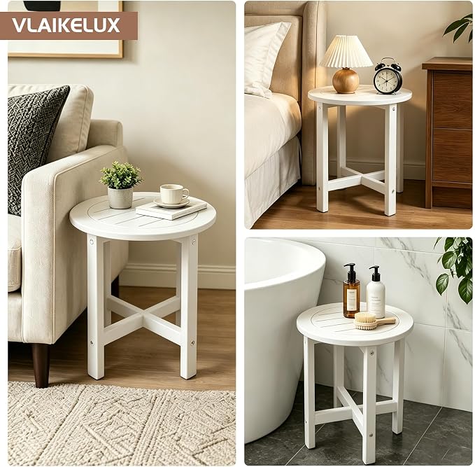 Small Outdoor Side Table 15.94" HDPE Round Adirondack End Table | Storage Shelf, Plant Stand, Weather Resistant, Easy to Clean & Use, Not prone to fading, for Patio, Backyard, Deck, White