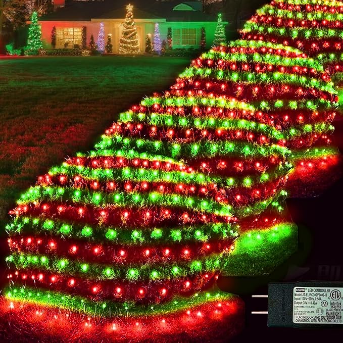 Pooqla Red and Green Christmas Net Lights Outdoor, 21x 5ft Green Wire | 360 LED Large Net Mesh Lights Plug in, 8 Modes Waterproof Connectable Bushes Lights for Christmas Hedge Yard Decor