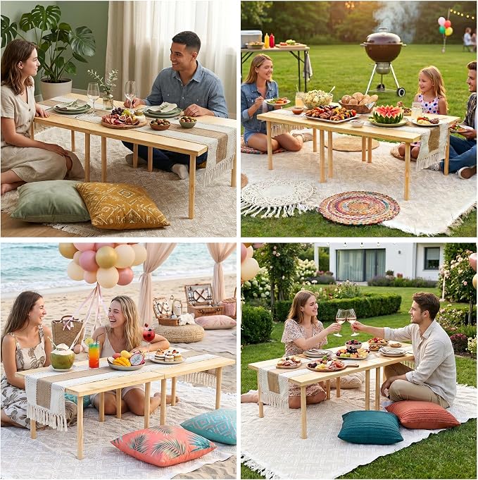 Upgraded Mini Low Wooden Folding Picnic Table with 8-Legs, Thick Varnished Tabletop, 44"×30" Portable Boho Beach Table with Table Runner for Yard, Indoor & Outdoor (Diagonal)