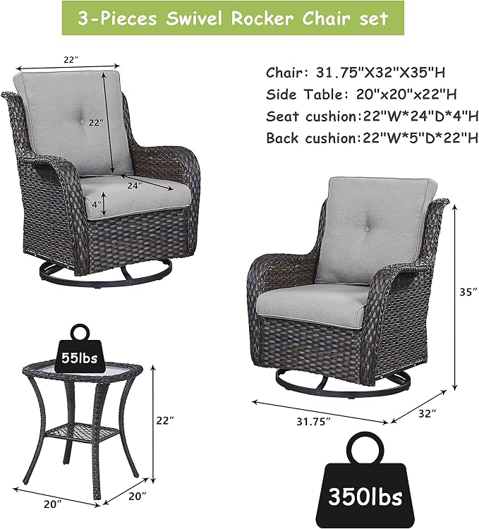 Outdoor Patio Swivel Rocker Chairs - 3 Piece Patio Bistro Set, Wicker Patio Furniture Set with 2 Swivel Rocking Chairs and 1 Glass Top Side Table for Deck Porch Garden, Brown/Grey