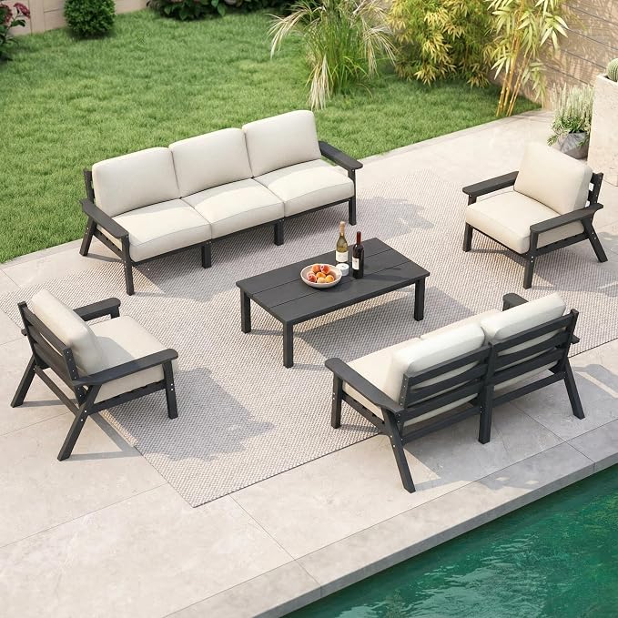 7 Piece Patio Furniture Set, HDPE Outdoor Sectional with Beige Washable Thick Cushions, Coffee Table, Patio Conversation Sets for Lawn, Garden, Porch, Balcony (Grey Frame)
