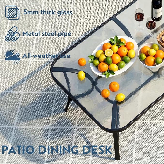 Arlopu 7-Piece Outdoor Table and Chairs for 6, Outdoor Dining Set W/Rectangle Glass Table and 6 Patio Textilene Stackable Chairs, Patio Furniture Set W/Umbrella Hole (Black Table & Black Chair)