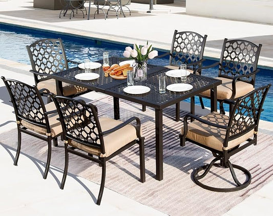 Domi Outdoor 7 pcs Patio Dining Set, Metal Dining Table, Swivel and Dining Chairs Conversation Set with Removable Beige Cushions for Garden Lawn Yard