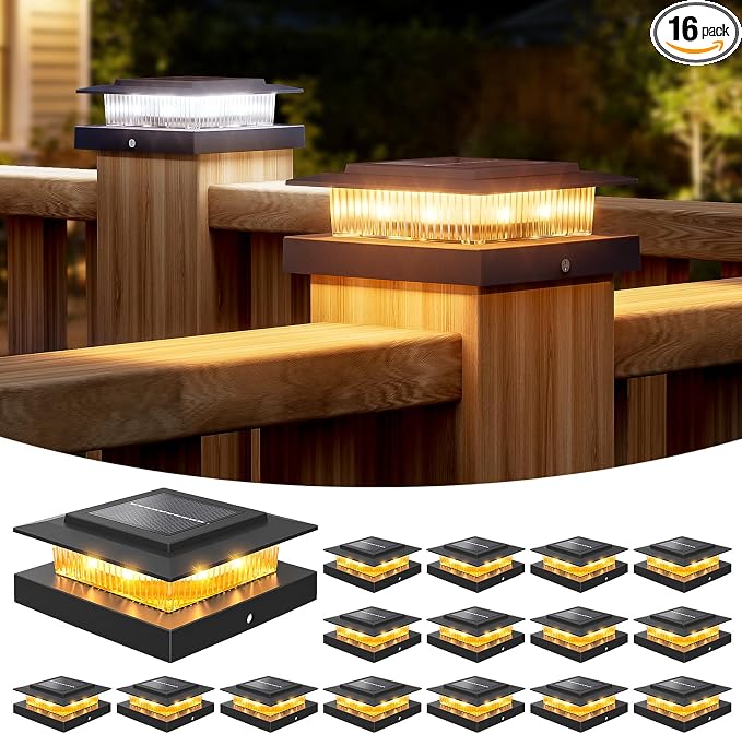 4x4 Post Solar Lights with 2 Modes,Solar Post Lights, 16 Pack Black | Solar Post Cap Lights for 4x4 Post Caps Wood Vinyl,IP44 Waterproof Fence Post Solar Lights Outdoor, Solar Deck Post Light