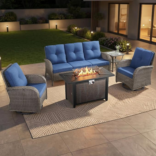 5 Piece Patio Furniture Set with Fire Pit Table - Wicker Patio Conversation Set with Swivel Glider, 3-Seat Sofa, Tempered Glass Side Table for Deck Backyard - Grey Wicker Blue Cushion