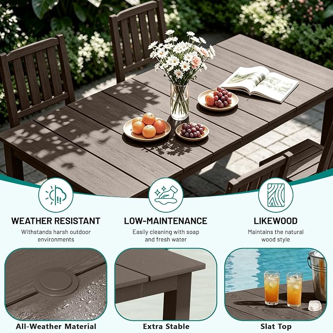PLUUV 5-Piece Outdoor Dining Set – HDPE Patio Furniture with Aluminum Table, Umbrella Hole, and 4 Armless Chairs, All-Weather Resistant for Garden & Backyard, Coffee