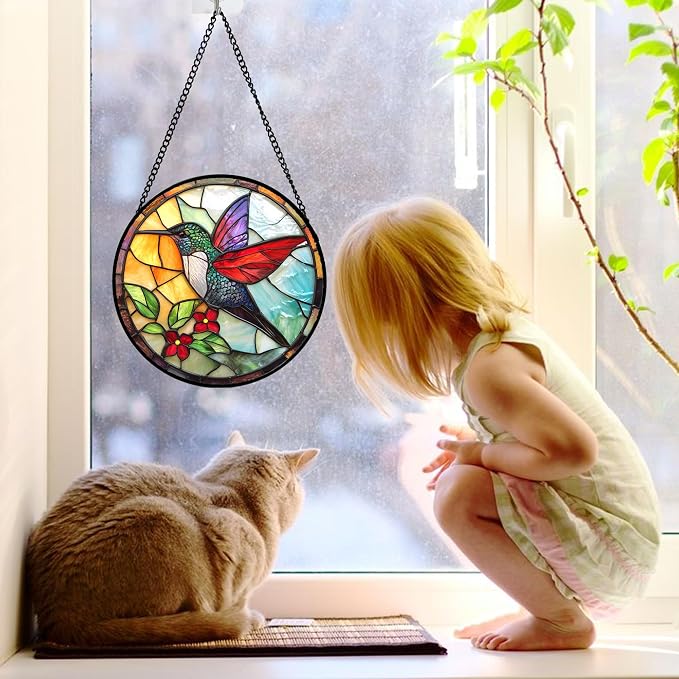 DASTOLL Stained Glass Window Hanging, Hummingbird Gifts Sun Catchers Diamond Glass Panel Hangings Birds Suncatcher Decor for Birthday for Women, Men, Wife, Aunt,and Mom 7.8X7.8IN