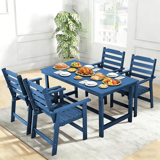 FUNBERRY Outdoor Dining Set, HDPE 5 Piece Dining Table Set with Chairs | 2" Umbrella Hole Table, Wood-Grain, HDPE All Weather, No Rot or Rust or Crack, UV Fade Shield, Easy-Clean for Outside