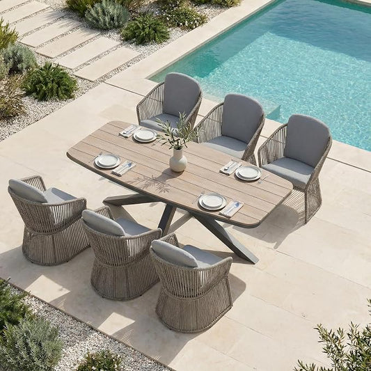 SUNSITT 7 Piece Outdoor Patio Dining Set, Patio Dining Furniture Set with 87” Aluminum Dining Table w/X Base Legs and 6 Woven Wicker Outdoor Patio Chairs w/Curved Armrest for Garden, Dark Grey