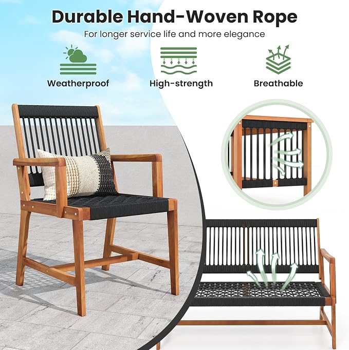 HAPPYGRILL 4 Pieces Patio Furniture Set Acacia Wood Conversation Set with Hand-Woven Rope Design, Ergonomic Loveseat & Single Chairs, Wooden Chair & Table Set for Porch Yard Poolside