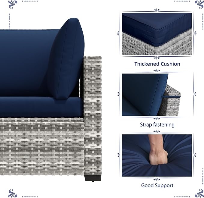 KIGOTY Patio Furniture Set,7 Pieces Modular Outdoor Sectional Sofa, PE Rattan Patio Conversation Set, All Weather Wicker Patio Furniture with Cushions and Coffee Table（Grey White/Dark Blue）