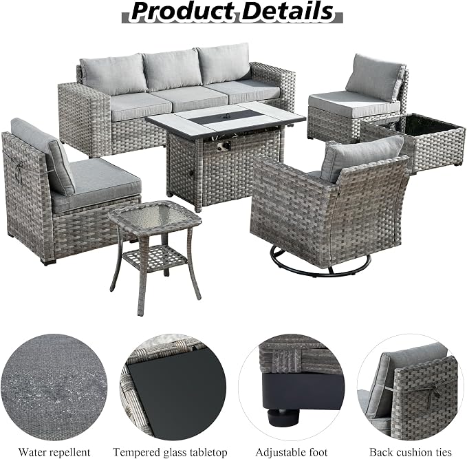 HOOOWOOO Outdoor Patio Sectional Furniture Sofa Set with Large Fire Pit Table,9 Piece Modern Wicker Couch with Swivel Chair,Modular Conversation Seating Set with Widened Armrest(Dark Grey)
