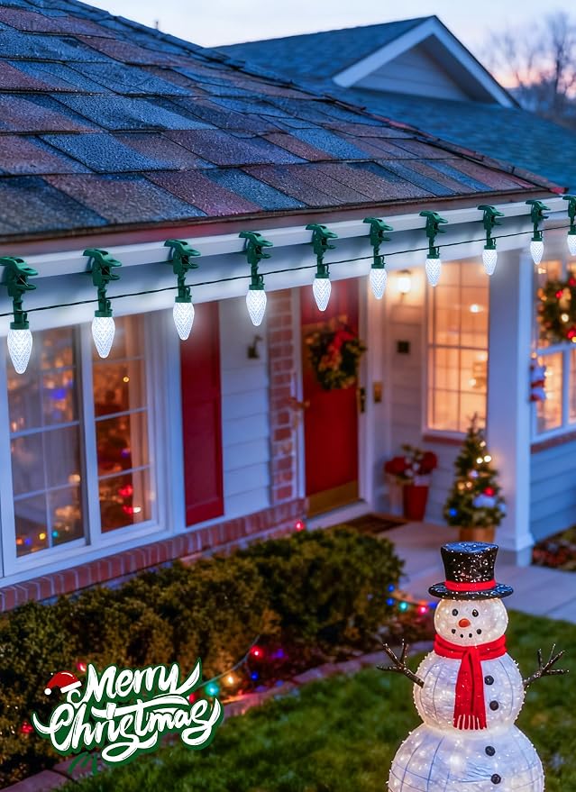 C9 Christmas Lights Outdoor, 102FT 150 LED String Lights with Spring Clips | Waterproof Connectable Commercial Grade Christmas Tree Lights for Outside Roofline Patio Yard Home Xmas Decor, Pure White