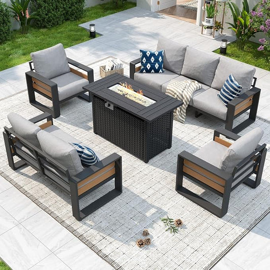 Aoxun Aluminum Patio Furniture Set with Fire Pit Table, 7 Seats Luxury Outdoor Sectional with 6" Olefin Fabric Cushions, Patio Conversation Sets with Waterproof Cover for Backyard, Porch Light Grey
