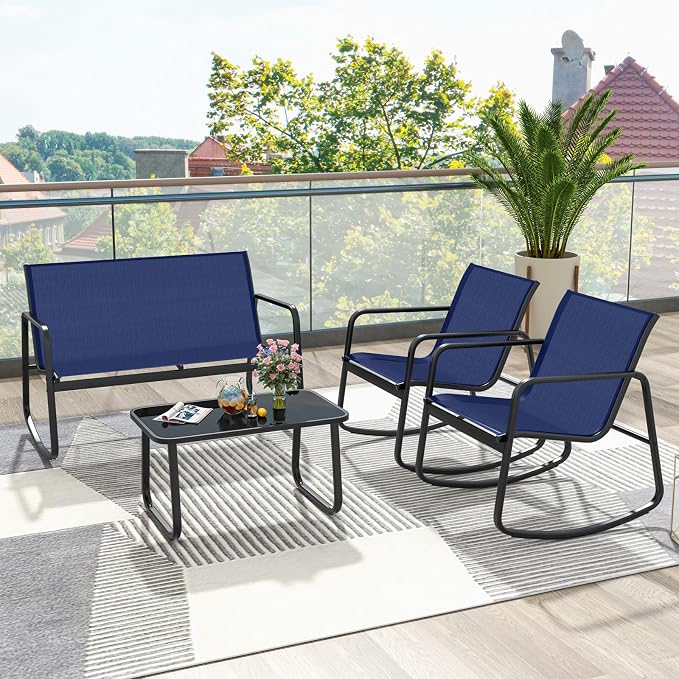 HAPPYGRILL 4 Pieces Patio Rocking Furniture Set with Loveseat, 2 Rocking Chairs & Glass-Top Coffee Table, Outdoor Porch Rocker Chair Conversation Set for Balcony, Poolside, Garden, Backyard (Navy)