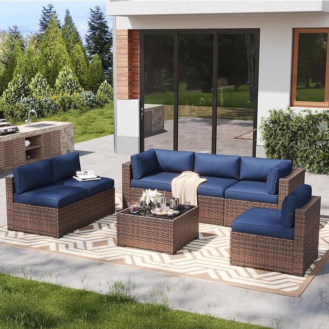 LazySunsets 7 Piece Outdoor Patio Furniture Set with Coffee Table, Outdoor Patio Furniture Sets with Thicken Cushion, Wicker Rattan Outdoor Conversation Set for Backyard & Garden, Blue