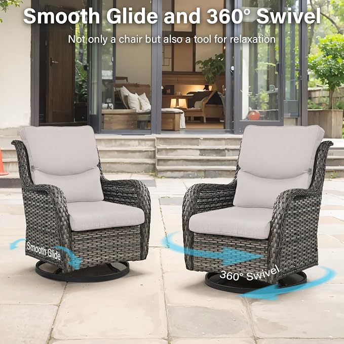 Outdoor Swivel Rocker Patio Chairs with 2 Ottomans - 5" Thick Cushion 4 Piece Furniture Set All Weather Comfortable Wicker Conversation Set for Porch Poolside and Deck - Gray/Beige