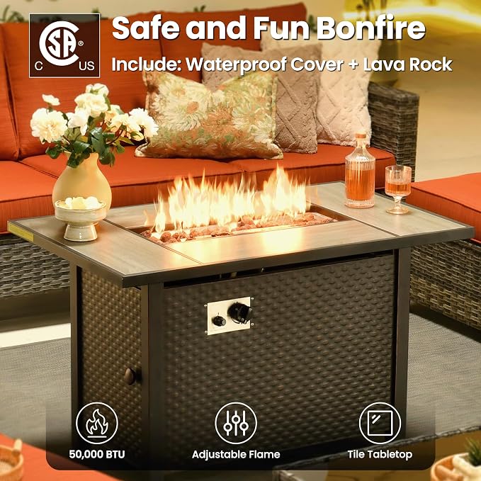 ovios 7 Pieces Patio Furniture Set, Outdoor Wicker Sofa Couch with Swivel Glider Chairs Fire Pit Table, Modern Deep Seat Rattan Conversation Sets for Deck Porch, Grey