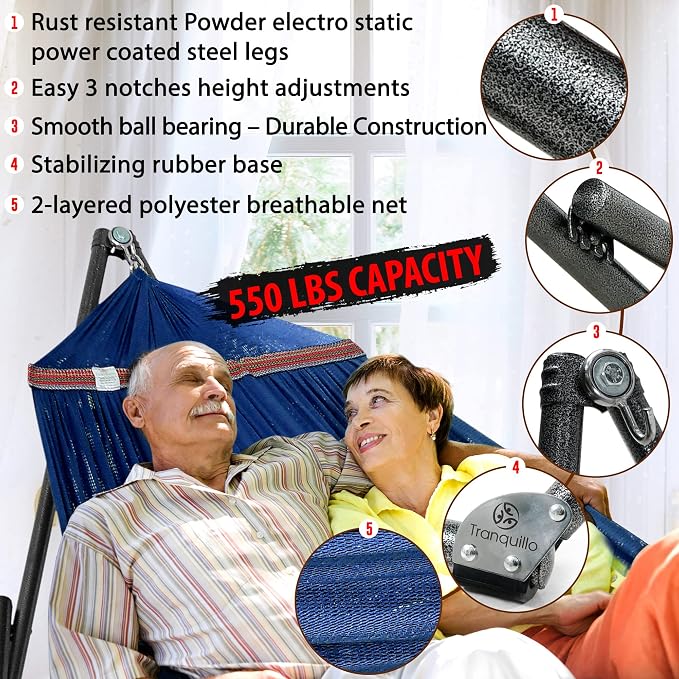 Tranquillo Combo x2 Hammocks with Stand for Outside & Tree Straps, Heavy Duty Hammock with Stand 600lbs for Indoor Outdoor Patio Backyard, x2 Hammocks for 2 Person, Portable Carrying Bags, Aegean