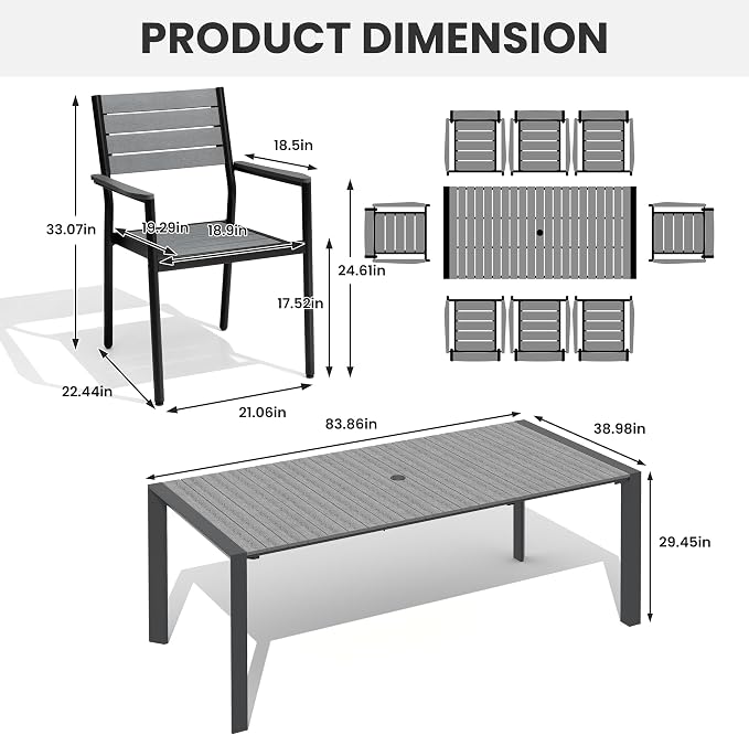 9-Piece Outdoor Dining Set, 83" Rectangular Table and Stackable Armchairs | Aluminum Frame Umbrella Hole and Arm All-Weather Wood Grain Patio Furniture for 8 for Garden, Patio, Backyard (Grey)