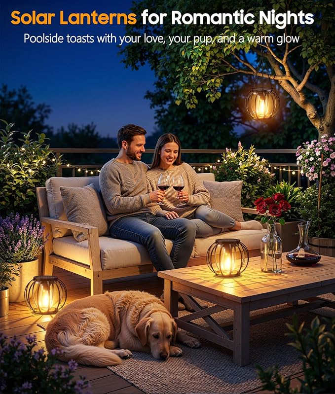 KOOPER Solar Lanterns Outdoor Waterproof, 4 Pack Upgraded Metal Hanging Solar Lights Outdoor Lanterns, Brighter Auto On/Off Outdoor Hanging Lantern for Yard Patio Pathway Porch Garden Decor