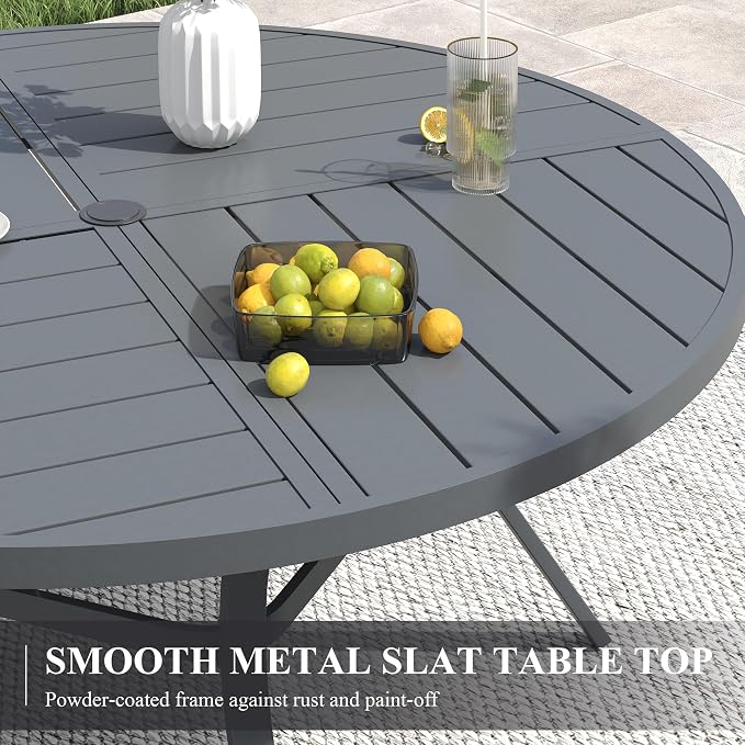 VICLLAX 63" Round Patio Table with Umbrella Hole, All Weather Metal Outdoor Dining Table for 8-10, Outside Table for Lawn Garden, Grey