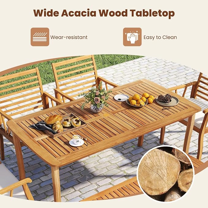 RELAX4LIFE 63’’ Wooden Outdoor Dining Table - Acacia Wood Rectangular Patio Table for 4-6 People w/Umbrella Hole & Slatted Tabletop, Farmhouse Furniture for Pool Backyard Garden Porch (Curved Leg)