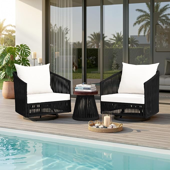 Outdoor Patio Furniture Set, 3 Pieces Outdoor Swivel Chairs with Coffee Table and Thick Cushion, Pe Wicker Rope Furniture Set for Entertaining, Balcony, Garden, Poolside, Black