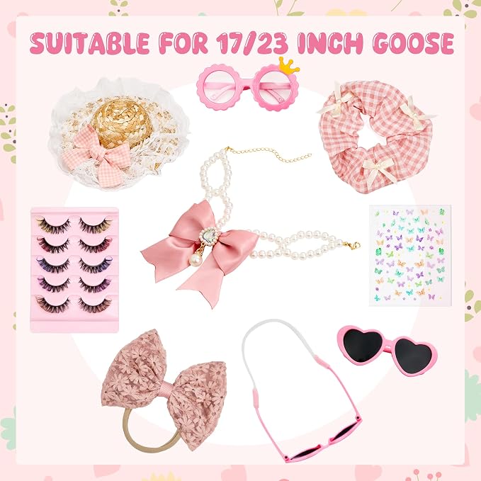 Porch Goose Statue 8pc Accessory Combination Set, Pink Goose Accessories Kit with Glasses Bow Hat Necklace Stickers for 23 Inch Goose, Cute Girl Style Yard Decor (Pink Girl 8PC)