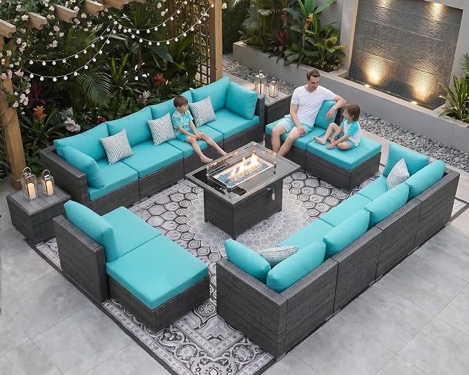 NICESOUL 15 Piece Outdoor Sectional with Fire Pit Table, Modern Luxury Patio Deep Seating w/Firepit, 29.3'' High-Back Wicker Couch Thick, Big High-Weight Capacity Sofa for Terrace, Yard, Gray & Teal