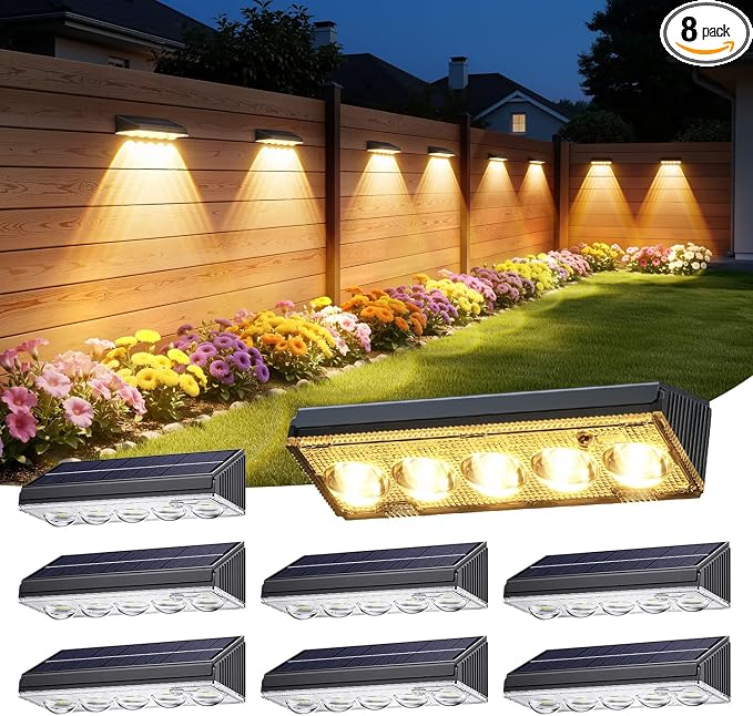 KOOPER Solar Fence Lights Outdoor Waterproof, 8 Pack Warm White & 9 Fixed Colors & Color Changing Fence Lights Solar Powered, Solar Lights Outdoor Fence for Outside Backyard Railing Patio Wall Deck
