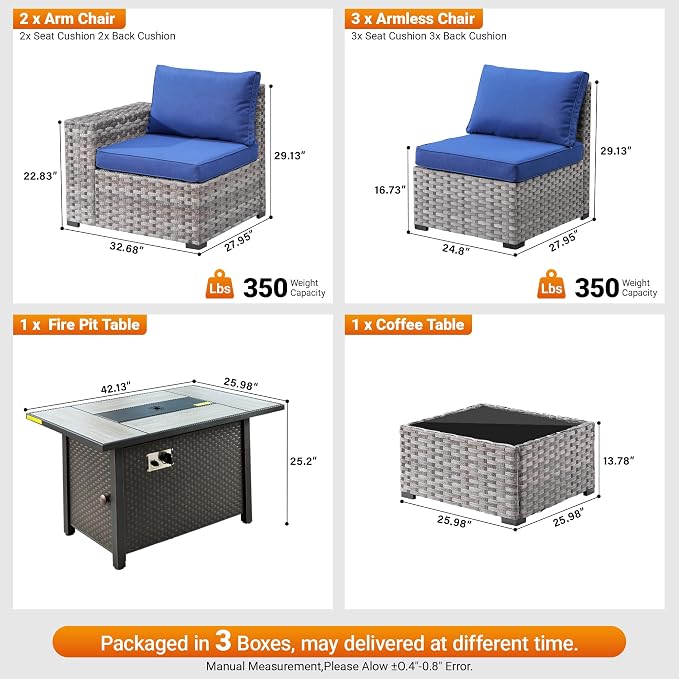 7-Piece Patio Furniture Set, Outdoor Wicker Rattan Patio Furniture Sectional Set with Coffee Table, All Weather Outdoor Fire Pit Conversation Set for Porch Backyard Balcony Garden, Navy Blue
