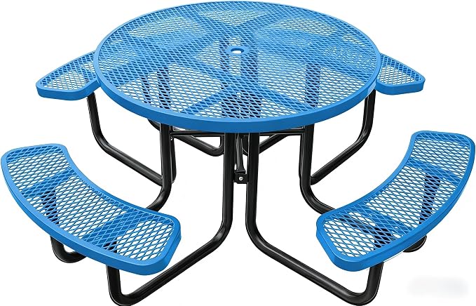 Garvee Heavy Duty Metal Picnic Tables for Outdoors with Umbrella Hole, 46" Round Top Patio Table Coated Steel Commercial Grade Furniture Set Weather & Rust Resistant (Expanded Steel, Blue)