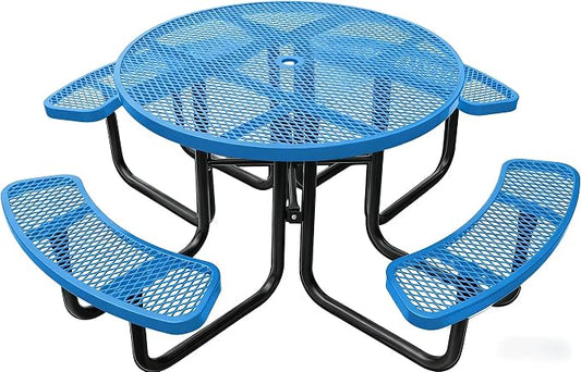 Garvee Heavy Duty Metal Picnic Tables for Outdoors with Umbrella Hole, 46" Round Top Patio Table Coated Steel Commercial Grade Furniture Set Weather & Rust Resistant (Expanded Steel, Blue)